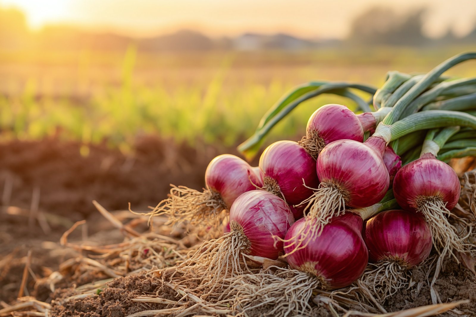 freshly harvested red onions with green stalks organic farm produce handpicked farmtotable
